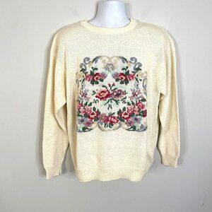 Vintage Womens Cottagecore Sweater Size XL Ivory Floral Twee English Garden Cozy